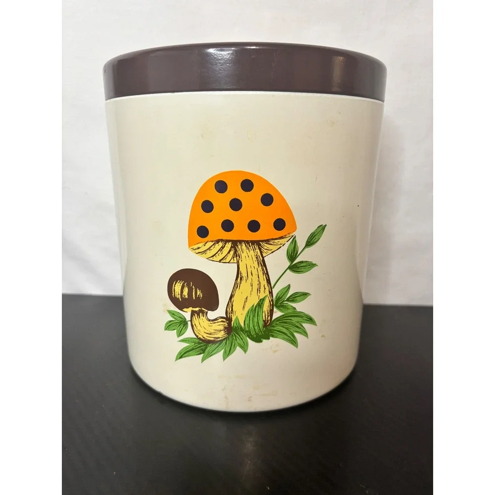 Vintage Mushroom Metal Canister Retro 70s Kitchen Storage Tin Made in Japan 6in